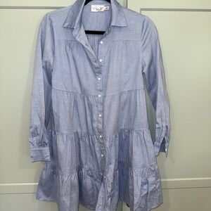Eliza J Women's Dress Blue Ruffled Tiered Shirtdress Long Sleeve Casual - Sz 2